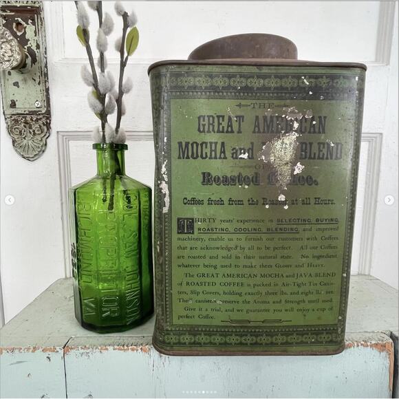 Antique Large Tin Container Green Great American Tea Company New York - Picture 6 of 9